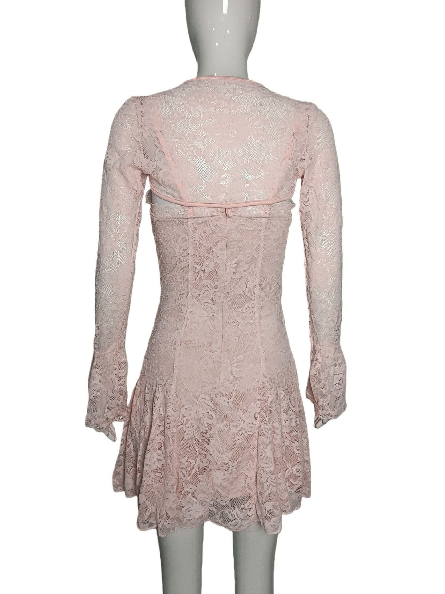 Lace Patchwork Hollow Out Straps Flared Long Sleeves Mini&Short Dresses