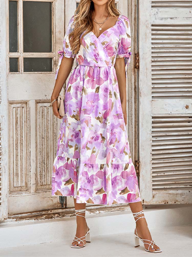 Floral Print Surplice V-Neck Tie Cuff Puff Sleeve Tiered Ruffle Midi Dress
