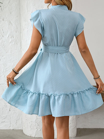 Polka Dots Lotus Leaf Sleeves A-line Skirt Lace Up Mini&Short Dresses