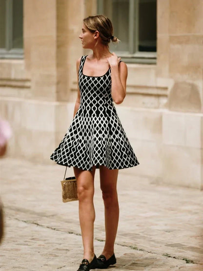 Square Neck Sleeveless Abstract Wave Print Fit and Flare Knit Mini Dress