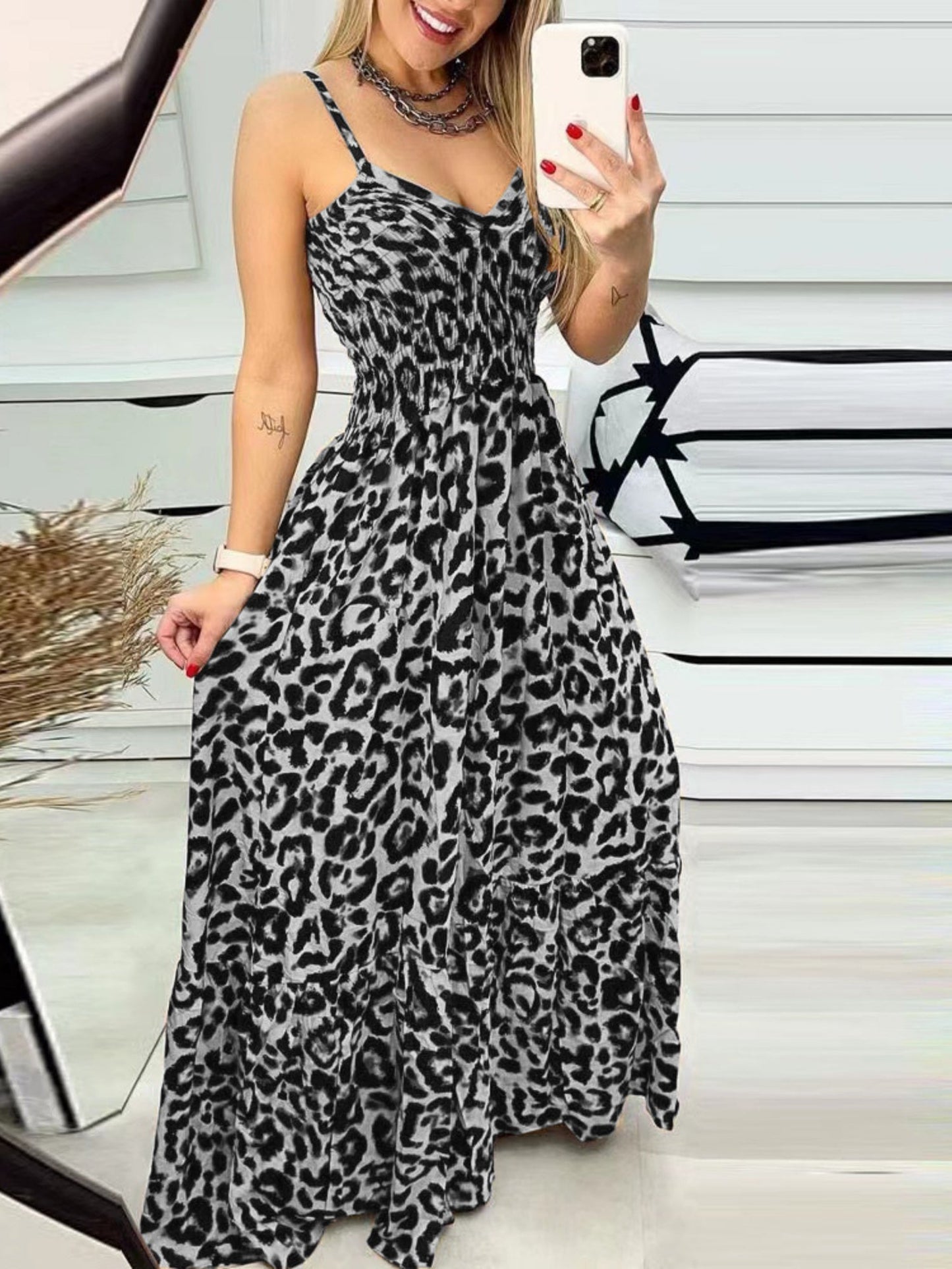 Leopard Print Spaghetti Strap Backless High-waisted And Slimming Maxi Dresses