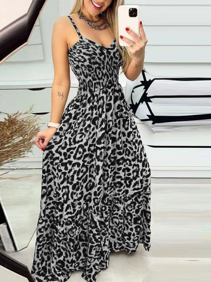 Leopard Print Spaghetti Strap Backless High-waisted And Slimming Maxi Dresses