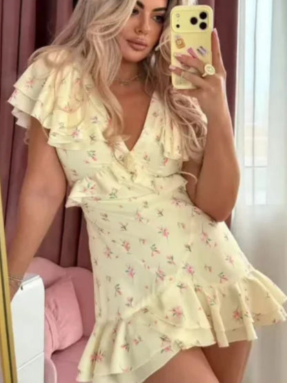 Floral Print Ruffled V-neck Mini&Short Dresses
