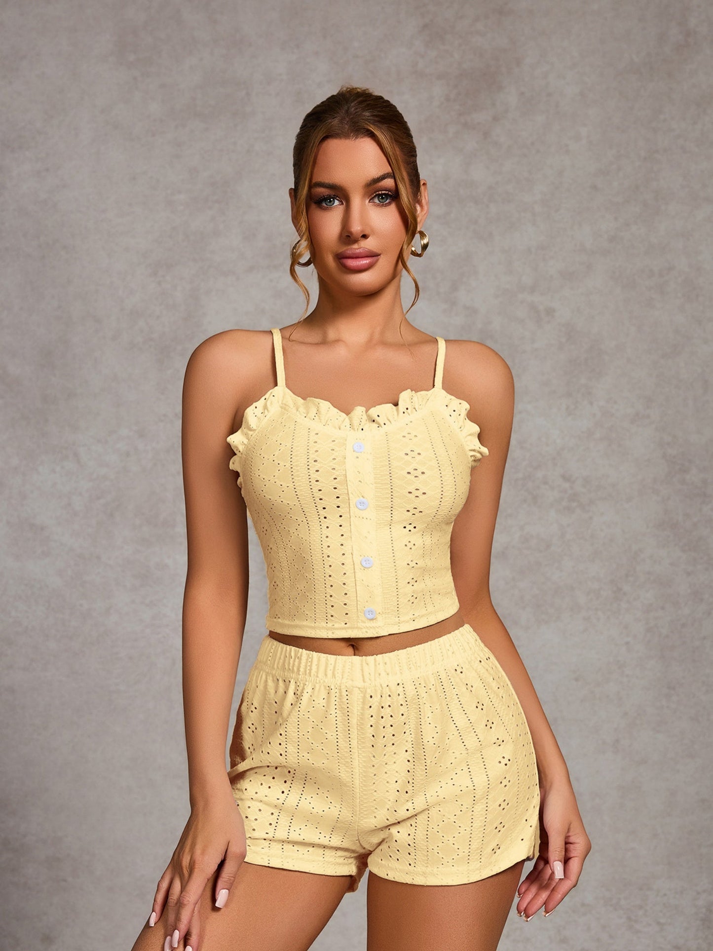 Openwork Ruffle Edge Tank Top And Shorts Loungewear 2-piece Sets