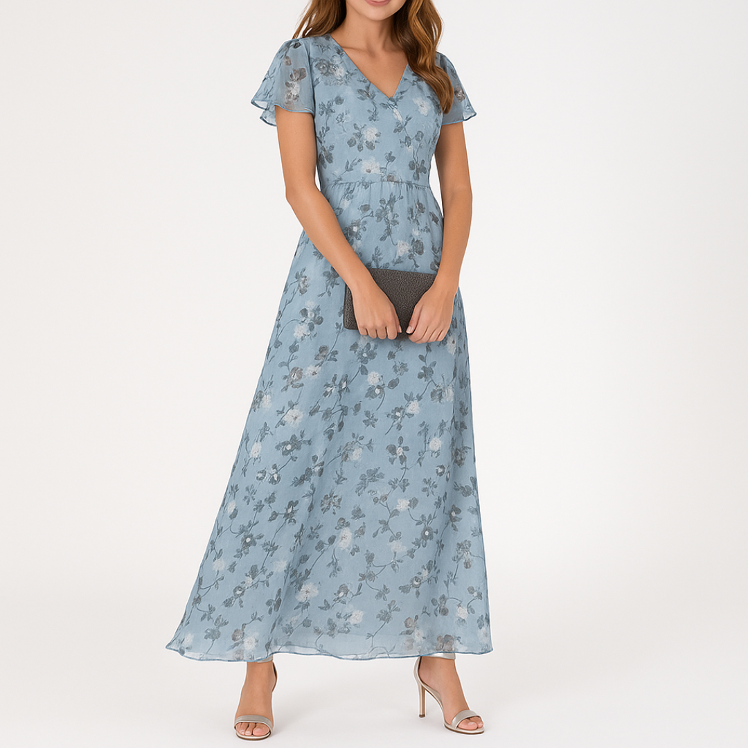 Floral Print Surplice V-Neck Flutter Sleeve Cinched Waist Chiffon Maxi Dress