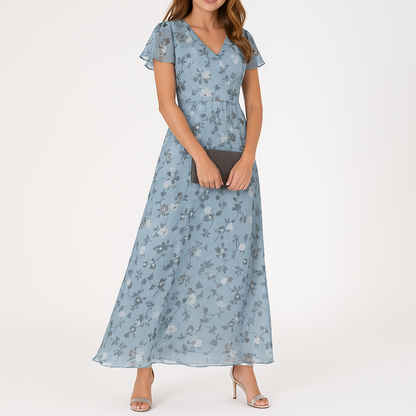 Floral Print Surplice V-Neck Flutter Sleeve Cinched Waist Chiffon Maxi Dress