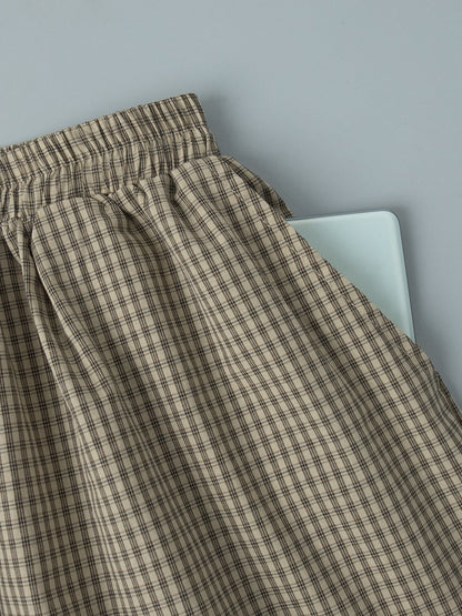 Cotton Blend Lantern Pants Plaid Breathable Leisure Pants