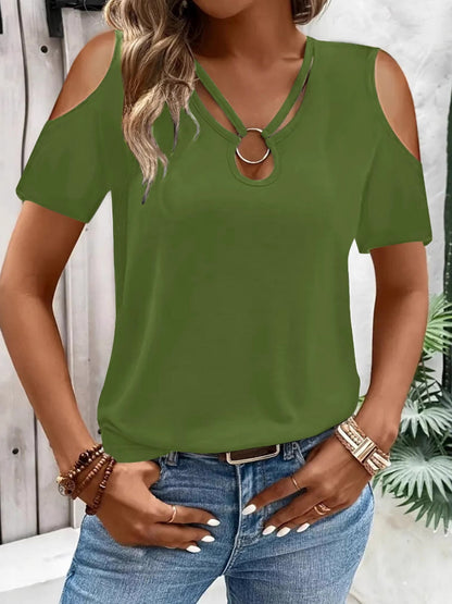 Hollowed-out Cross Off-shoulder V-neck Short Sleeve T-shirts