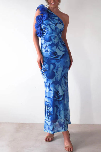 Margovil Ruffle One Shoulder Floral Print Bodycon Maxi Dress