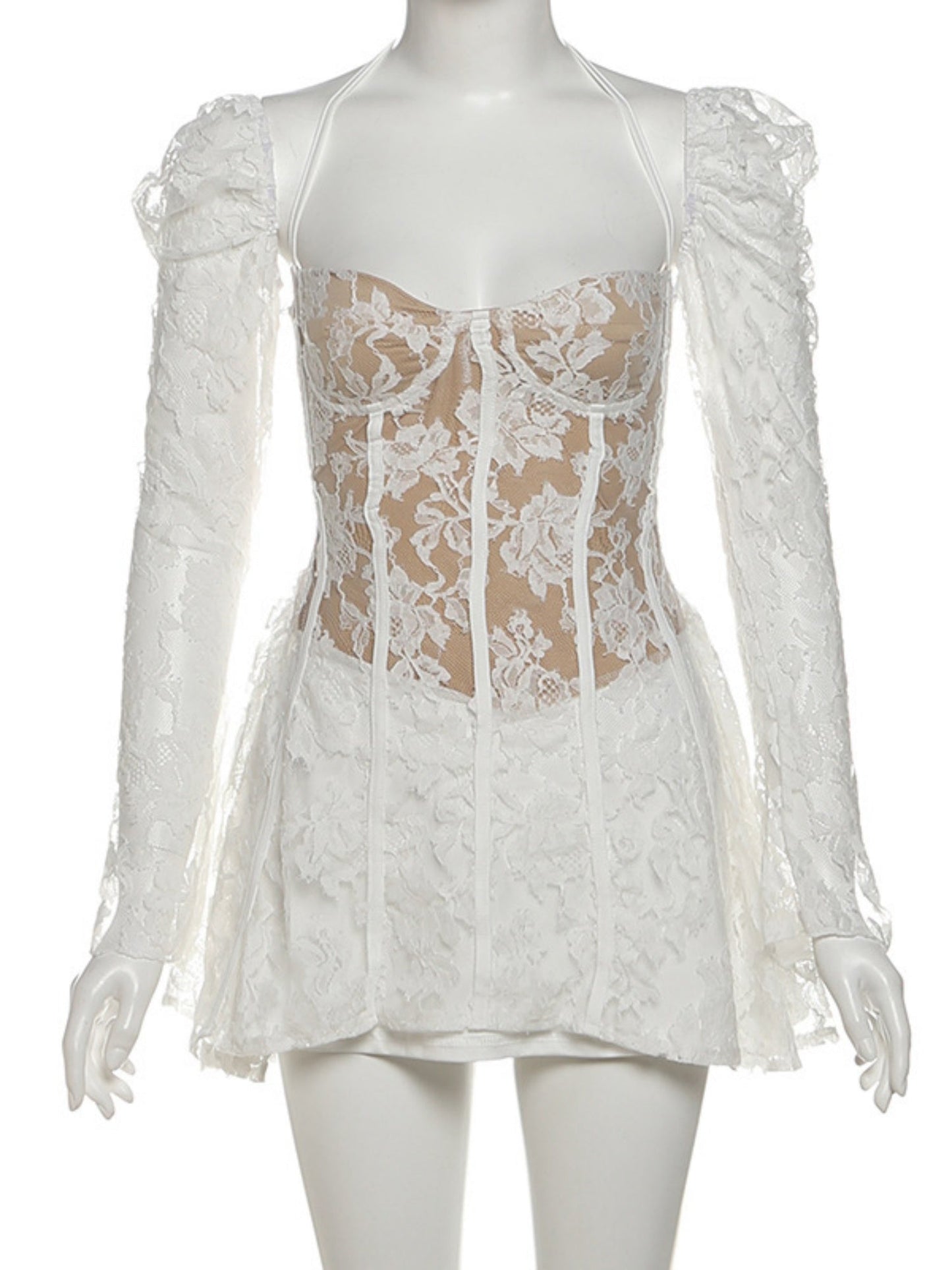 Lace Patchwork Halter Neck And Off-shoulder Waist-cinching And Backless Mini&Short Dresses