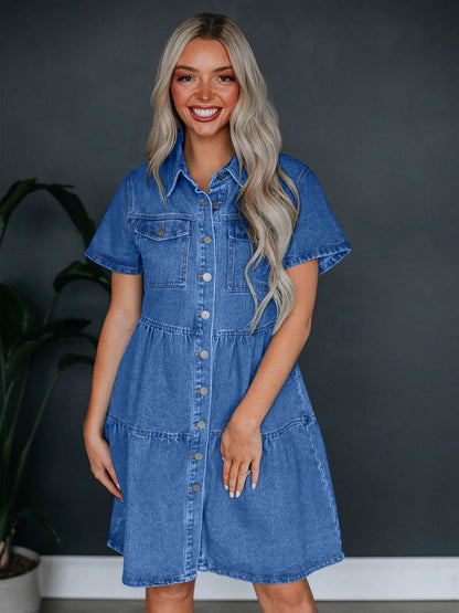 Denim Buttons Short-sleeved Collar Mini&Short Dresses