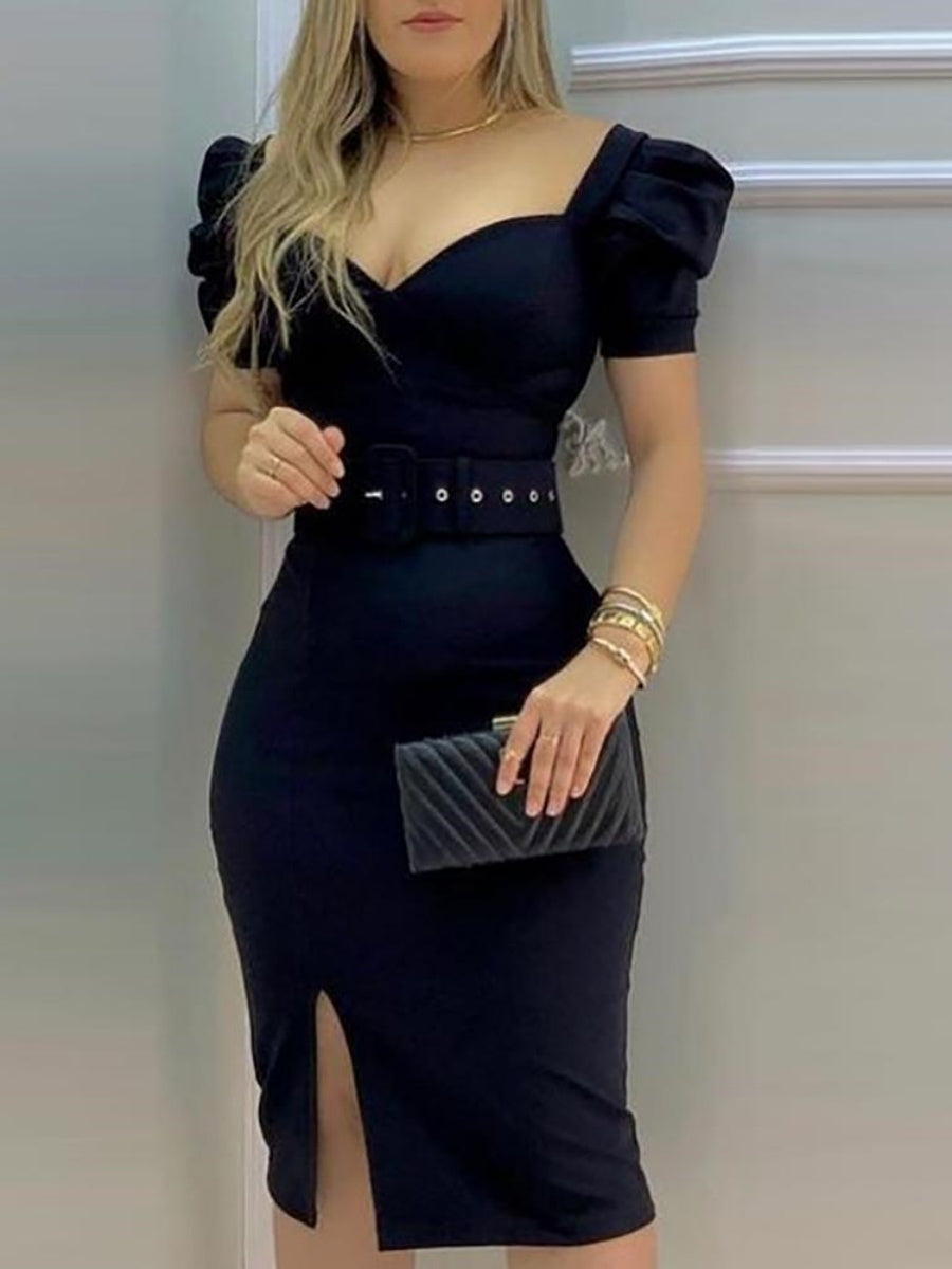 Square Collar Puff Sleeve Hip-hugging Slit Purple Mini&Short Dresses