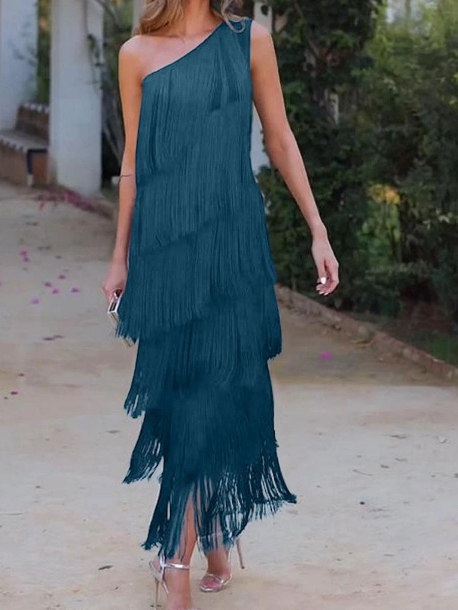Tassel Sloping Shoulders Asymmetrical Maxi Dresses