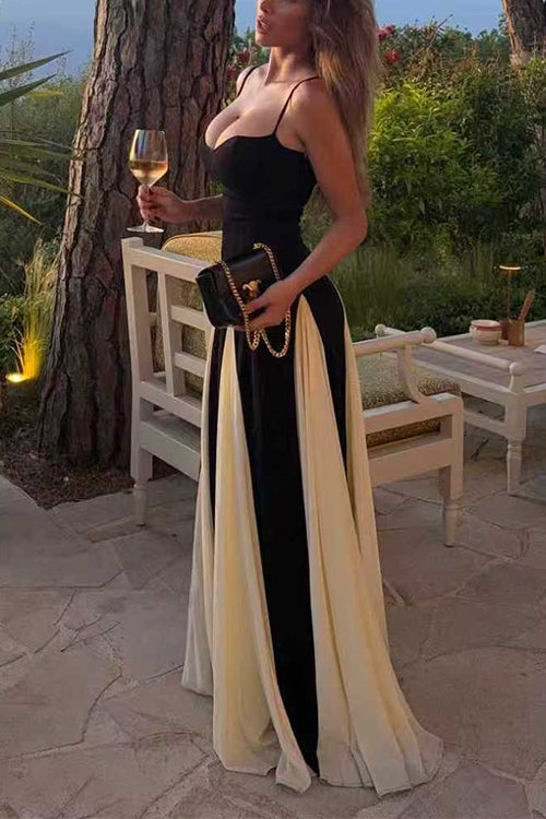 Margovil Spaghetti Strap Low Cut Color Block Swing Maxi Dress
