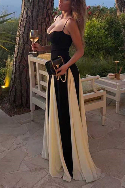 Margovil Spaghetti Strap Low Cut Color Block Swing Maxi Dress
