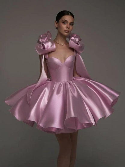 Glossy Fabric, Bow Design, Spaghetti Strap Mini Dress
