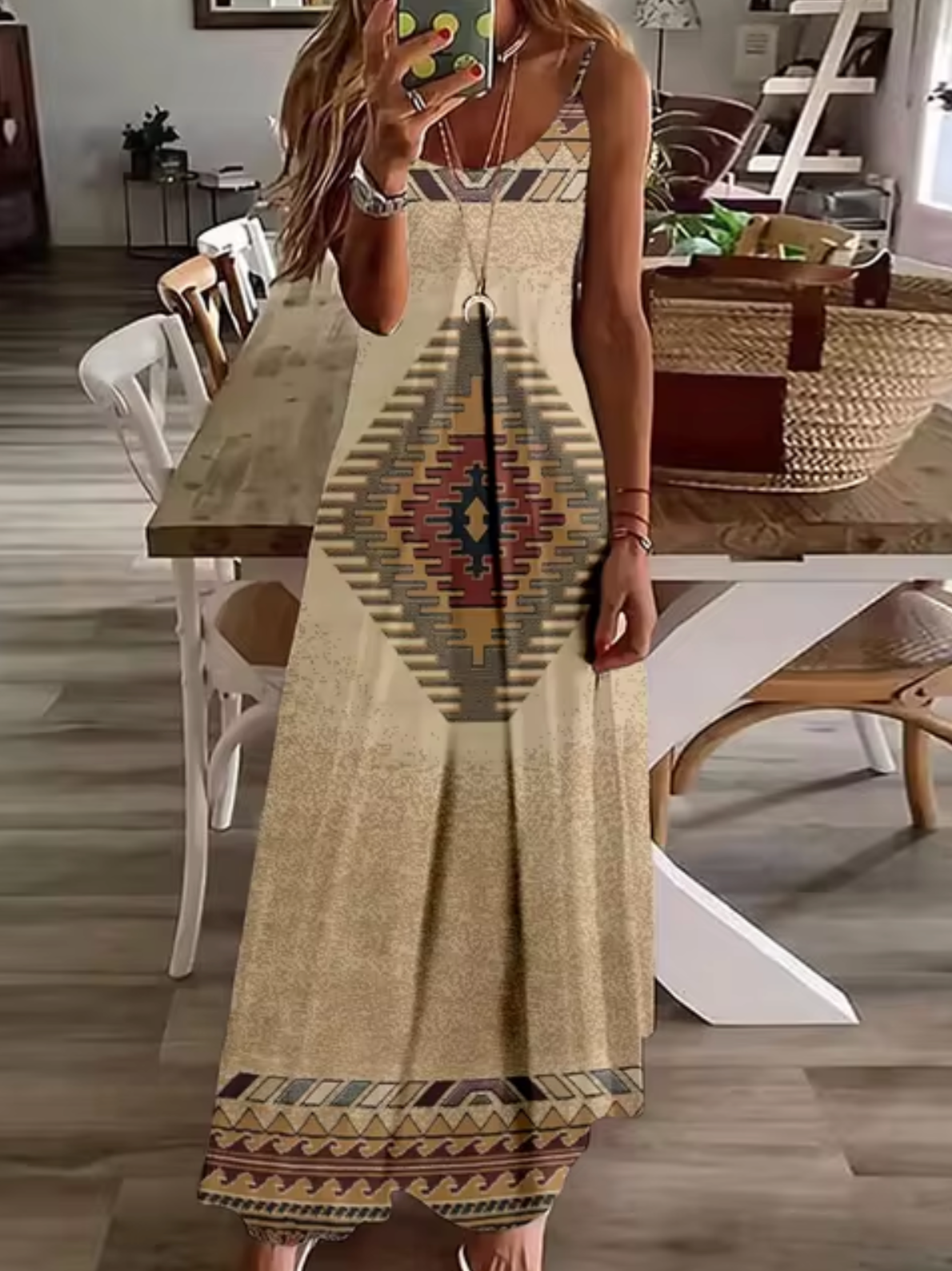 Deep V-Neck Turtle Dreamcatcher Feather Print Spaghetti Strap Maxi Dress