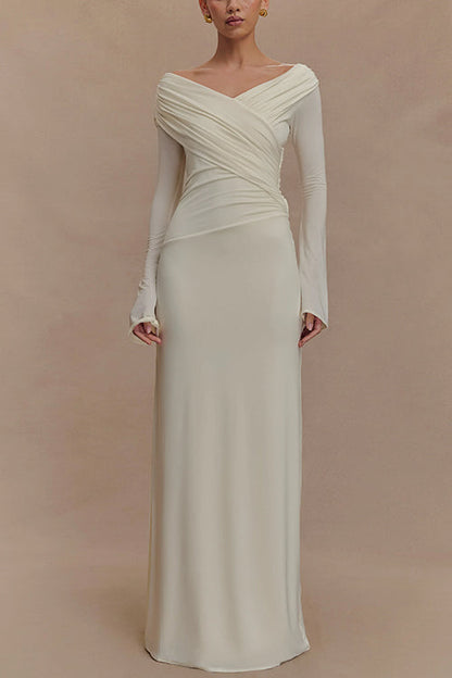 Off Shoulder Long Sleeves Ruched Solid Maxi Dress