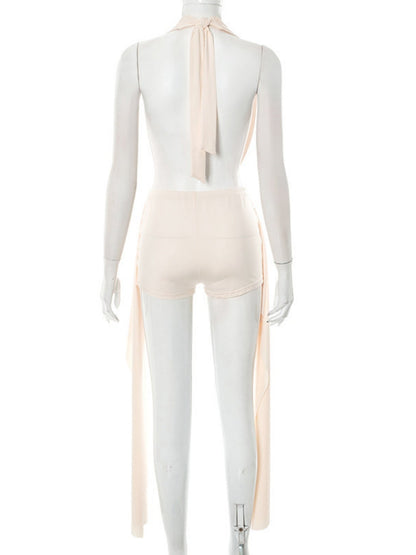 Sway Neck Sleeveless Backless Jacket Tight-fitting Ribbons Super Short Shorts 2-piece Sets