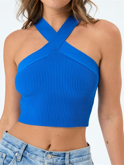Cross-neck Sleeveless Tights Knitted Vest