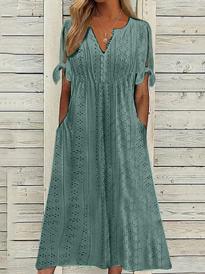 Hollow Out Off-shoulder V-neck Lace Ruffles Maxi Dresses