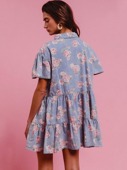 Denim Floral Print Collared Short-sleeved Shirt Buttons Shirt Dress