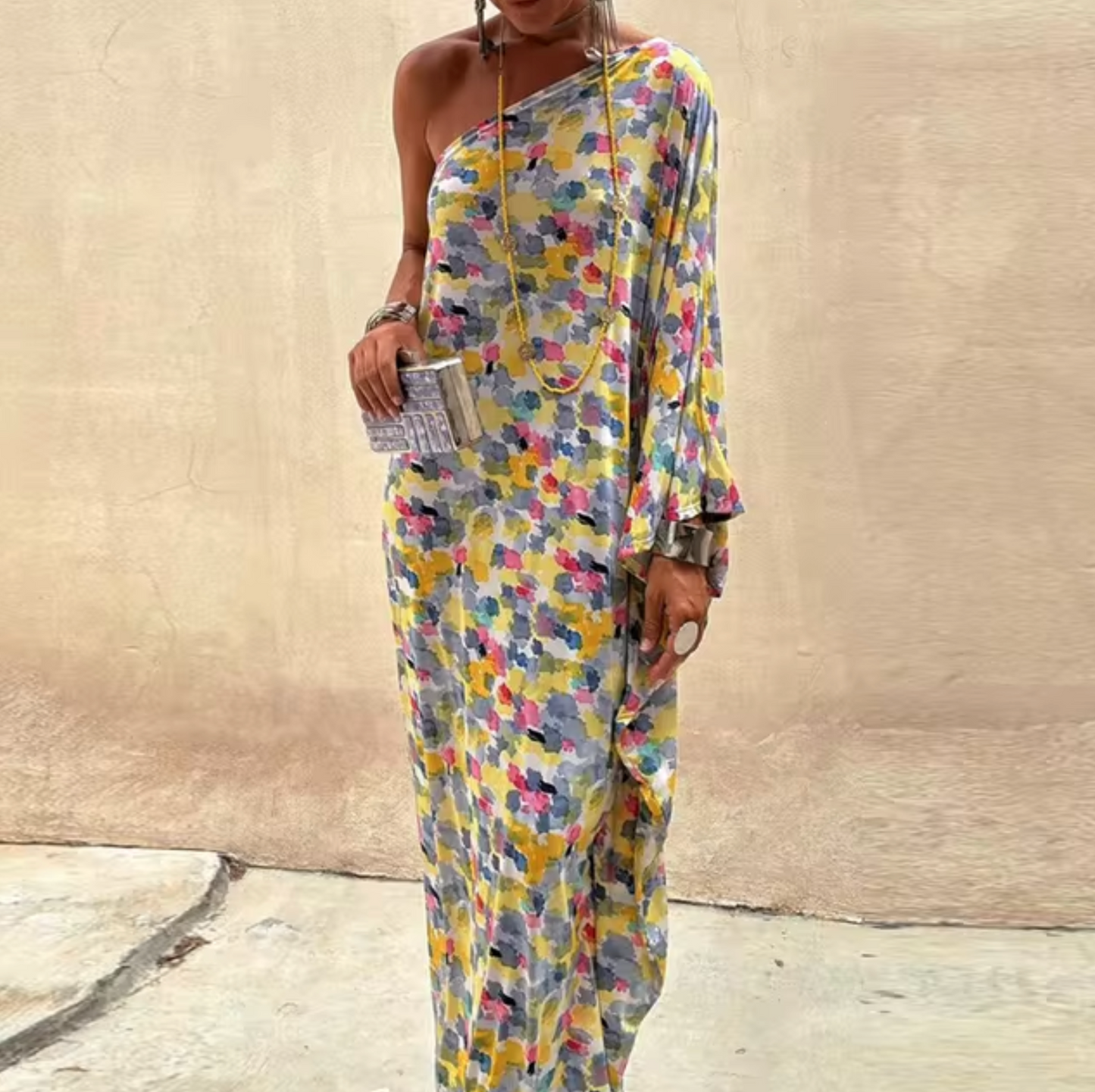Abstract Painterly Print One-Shoulder Batwing Sleeve Oversized Maxi Dress