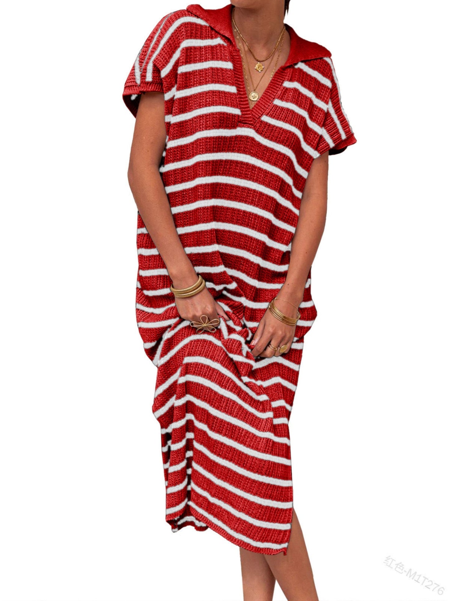 Stripes V-neck Short Sleeve Low-split Lapel Maxi Dresses