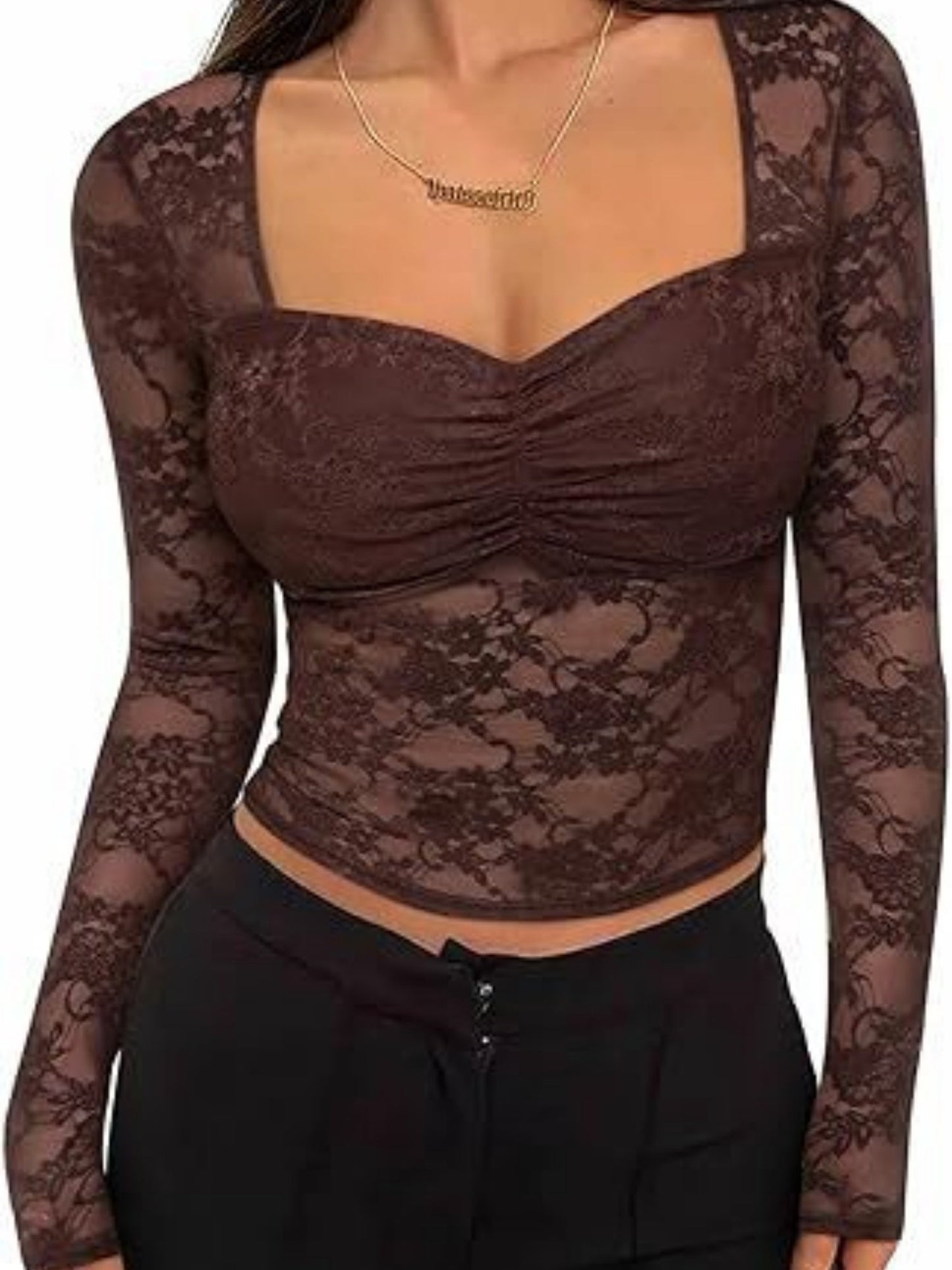 Lace See-through Square Neckline And Fitted Waist Long-sleeved T-shirt