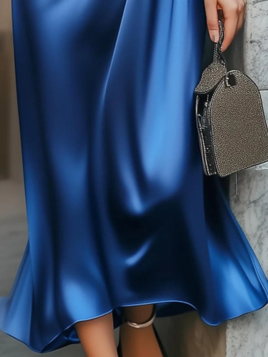 V-neck Short Sleeve Solid Color Satin Maxi Dresses