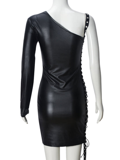 Imitation Leather Hollow Out Asymmetrical Collar Tie One-sided Long Sleeve Slim Fit Hip Body Mini&Short Dresses