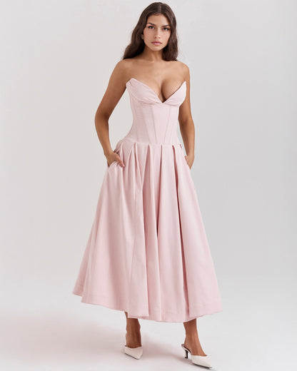 Strapless Deep V Neck Corset Bodice Pleated Fit and Flare Midi Dress