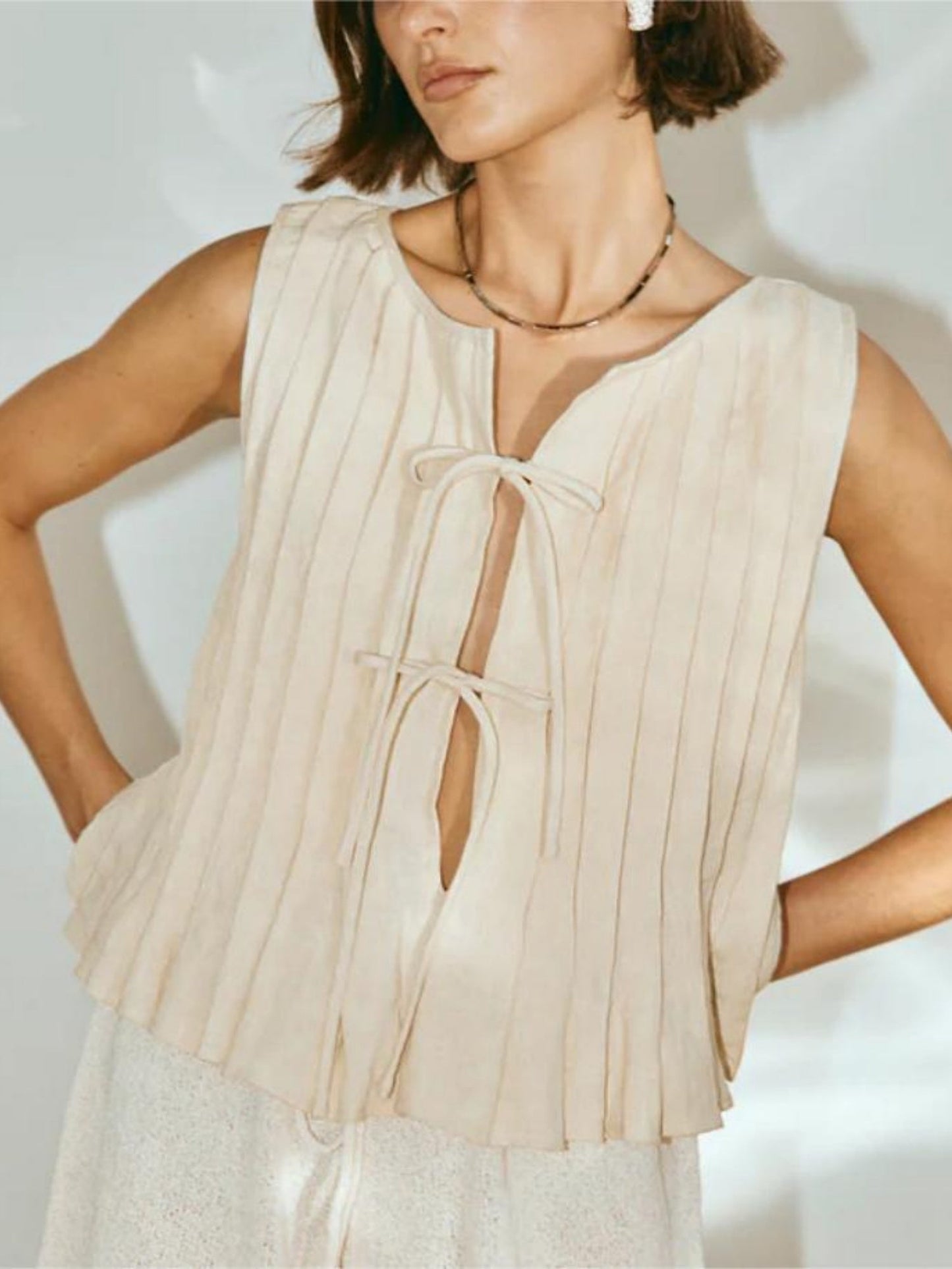 Cotton And Linen Straps Pleated Tank Tops