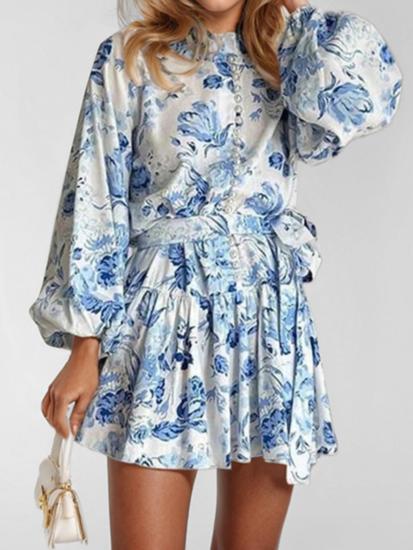 Printed Stand-up Collar Tie Balloon Sleeve Mini&Short Dresses