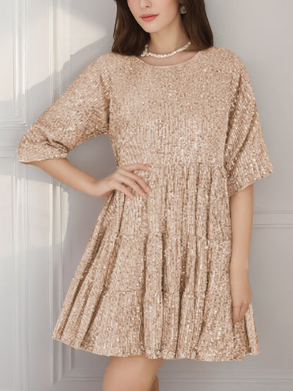Sequins Pleated Multi-story Crew Neck Short Sleeve Mini&Short Dresses