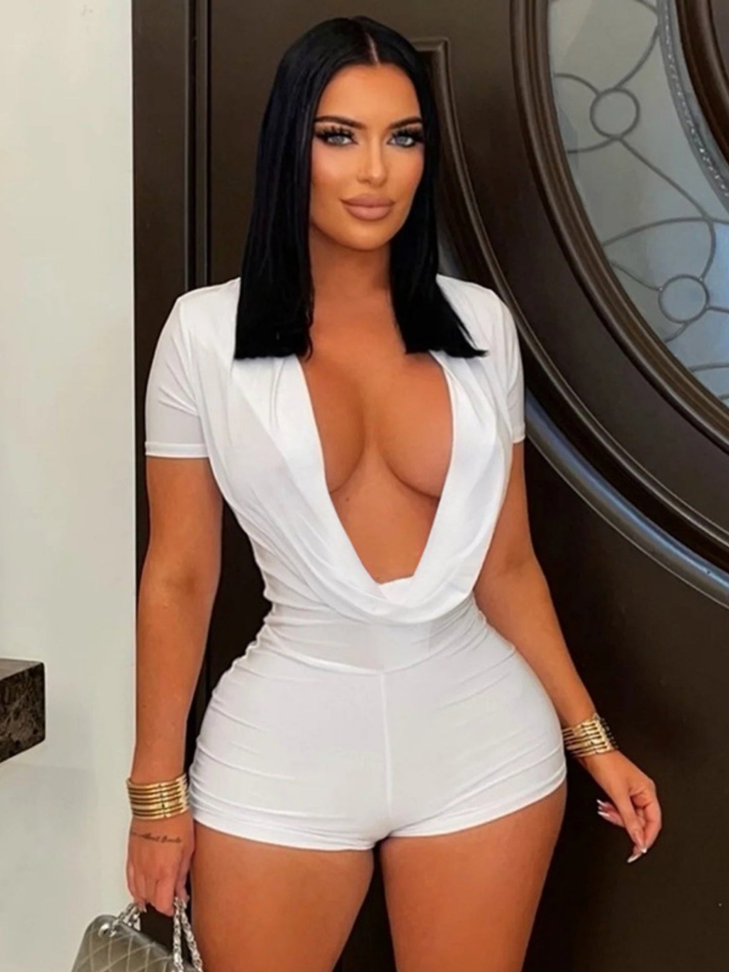 Deep V-neck Short-sleeved Tights Jumpsuits