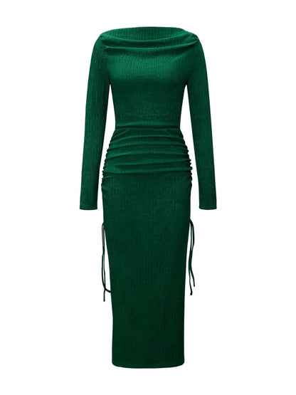 Knitting Long Sleeve High Waist Slim-fit Hip-hugging Drawstring Maxi Dresses