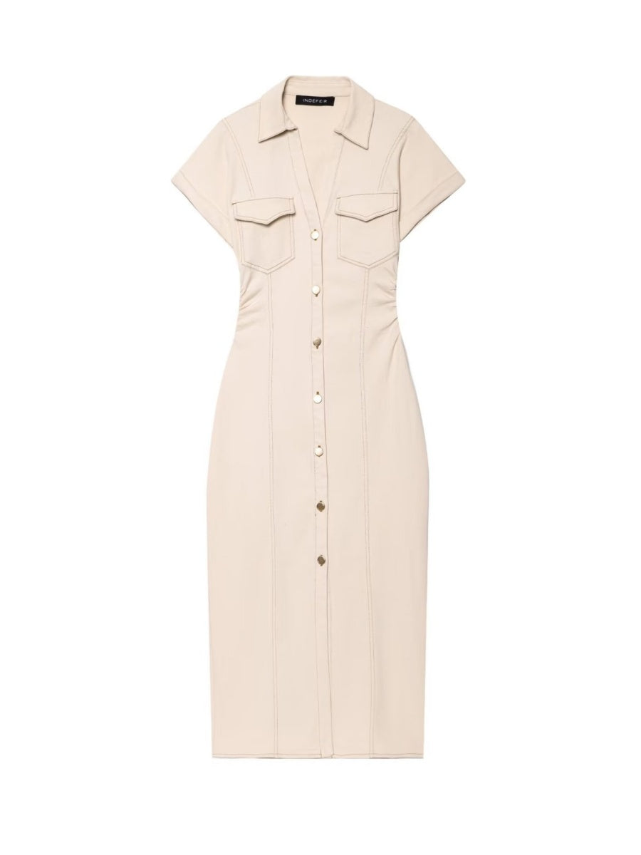 V-neck Short Sleeve Waist Hip-hugging Button Slit Commuting Temperament Maxi Dresses