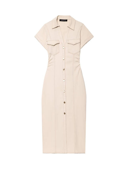 V-neck Short Sleeve Waist Hip-hugging Button Slit Commuting Temperament Maxi Dresses