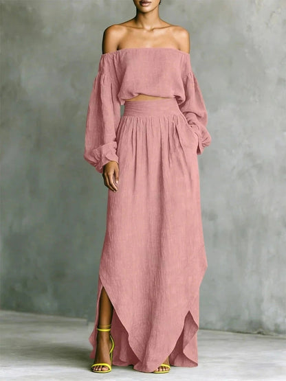 Off Shoulder Cropped Long-sleeved Two-piece Suit
