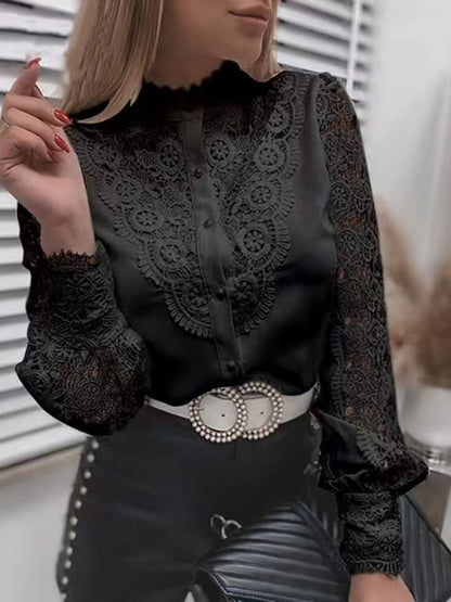 Lace Cutout Patchwork Lace Buttons Long-sleeved Cardigan Shirt