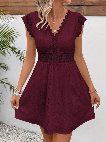 Lace Trim Openwork Jacquard V-neck, Fitted Waist Mini&Short Dresses