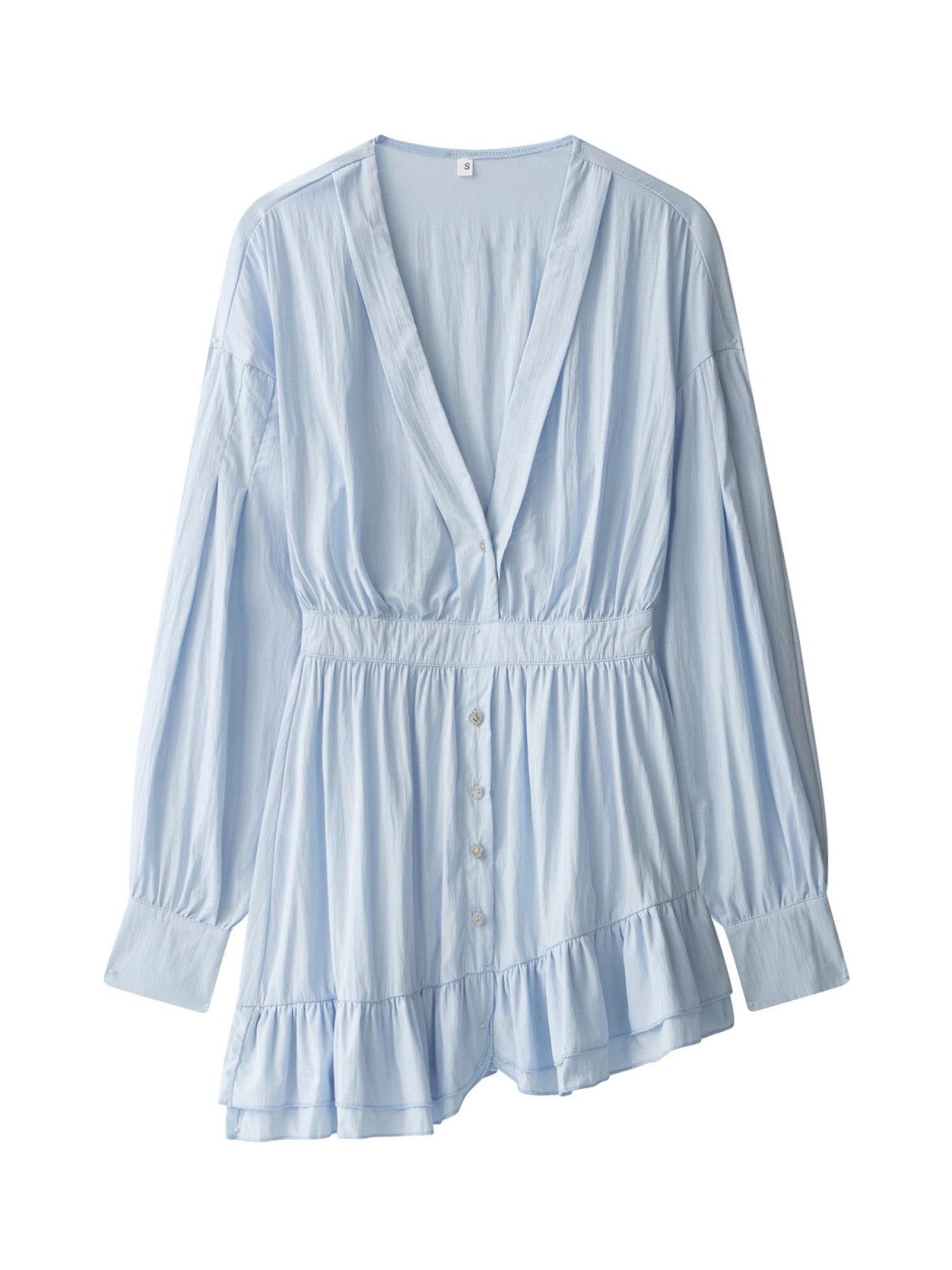 Ruffle Pleated V-neck Long Sleeve Mini&Short Dresses