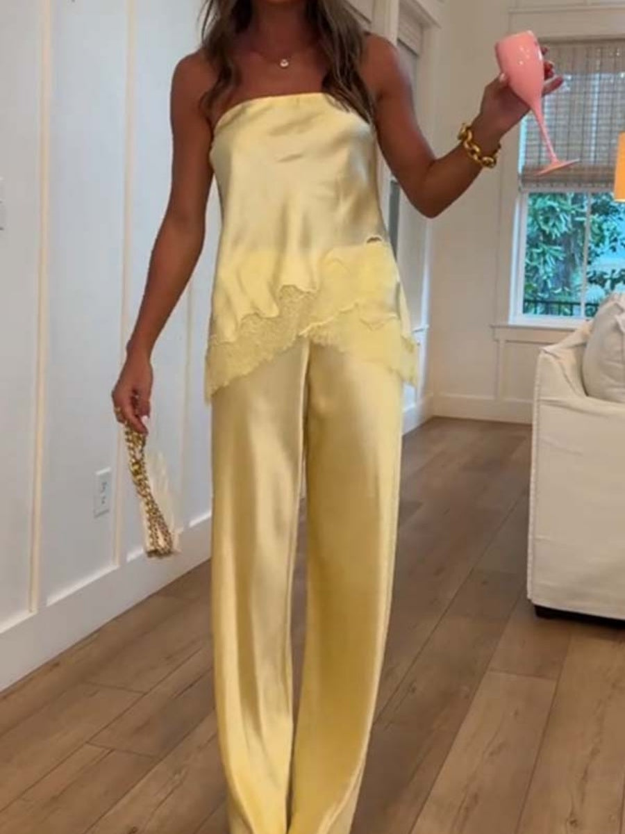 Solid Color Lace Stitching Strapless Top Wide-leg Pants 2-piece Sets
