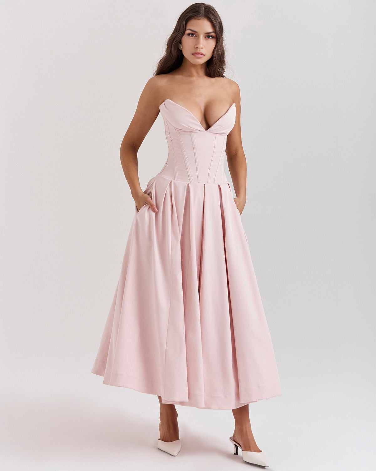 Strapless Corset Plunging Sweetheart Neck Pleated Full Skirt Pocket Midi Dress