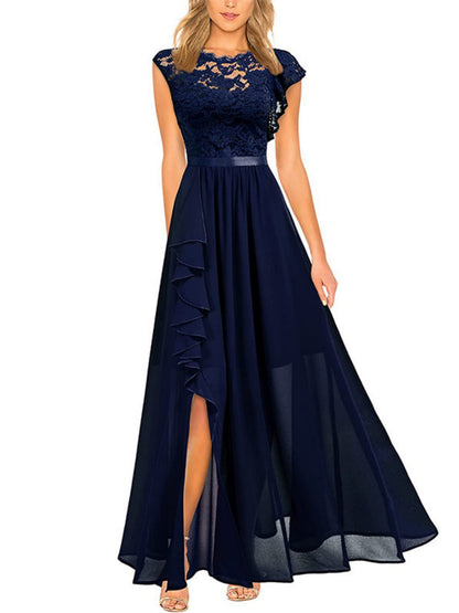 Lace Cutout Lace Patchwork Short-sleeved Long Dress