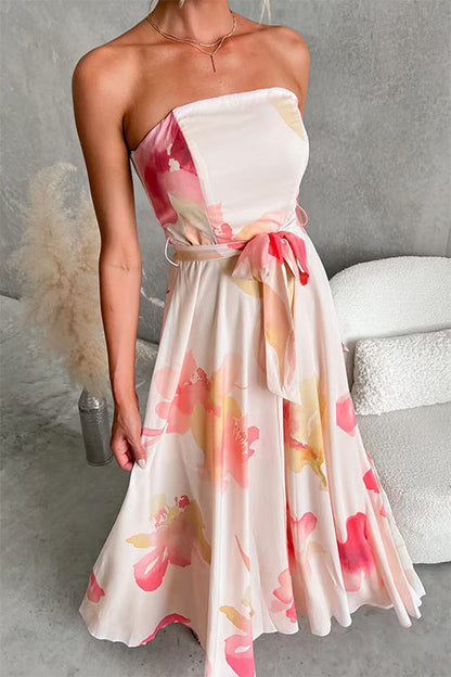 Strapless Tube Tie Waist Floral Print Maxi Dress