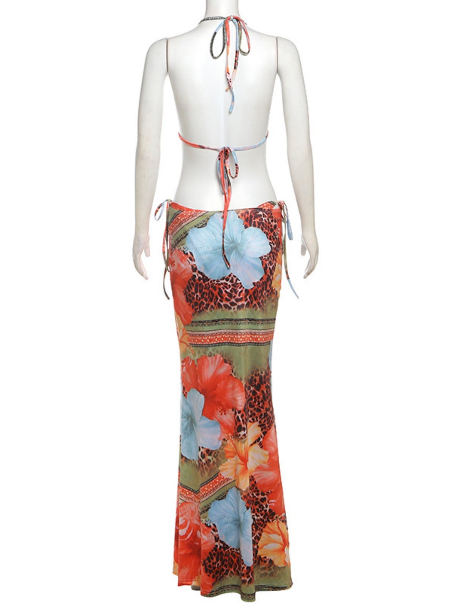Color-blocked Print Strappy Top High-waisted Midi Skirt 3 Piece Bikinis