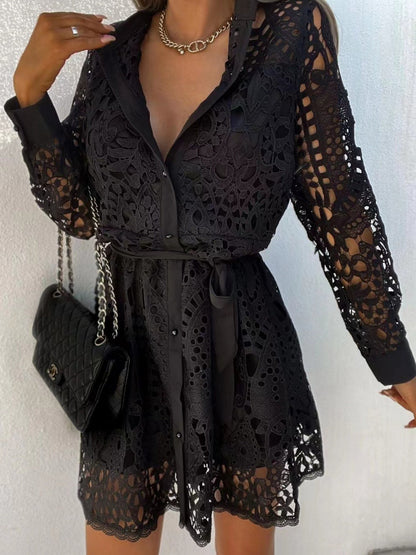 Lace Cutout Lace Up Long Sleeves Mini&Short Dresses