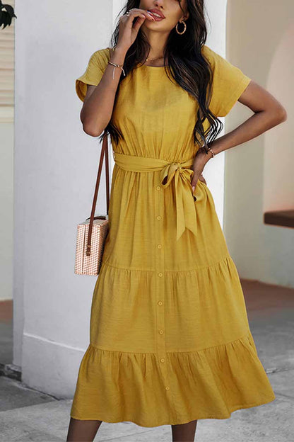 Button-Front Tie-Waist Tiered Short Sleeve Midi Shirt Dress
